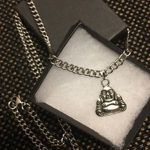 Silver Tone Buddha Charm Pendant Curb Link Chain
